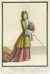 Mademoiselle de Loube, dama de honra de Madame, em traje de caça. (título no objeto)