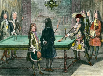 Diversão real em Versalhes: o rei Luís XIV (1638-1715) joga bilhar com Filipe, duque de Orleães (1640-1701), conhecido como Monsieur, o conde de Toulouse, o duque de Vendôme, Monsieur d