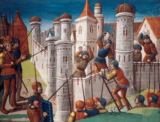 Sítio de uma cidade, miniatura do manuscrito "O romance de Ogier, o dinamarquês".