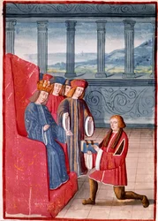 O autor apresenta o seu livro ao rei de França Carlos VIII (1470-1498). Miniatura das «Crónicas de França», ilustradas por Antoine Vérard (1450-1519). Biblioteca Nazionale, Turim