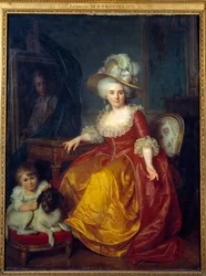 Retrato no pé de Madame Vestier (1740-1831) tendo uma criança a seus pés beliscando a orelha de um cão Pintura de Antoine Vestier (1740-1824) 1787 Sol. 1,76x1,34 m