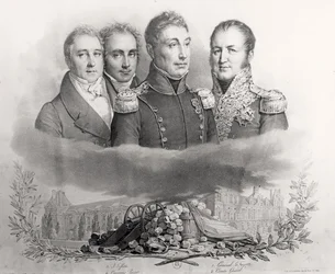 O Governo Provisório de 29 de julho de 1830. Da esquerda para a direita: Jacques Lafitte (1767-1844), Casimir Perier (1777-1832), General Lafayette (1757-1834) e Comte Etienne Maurice Gerard (1773-1852) 1831 (