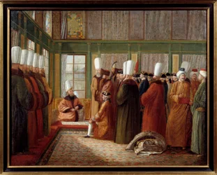 Império Otomano: "Recepção pelo Grande Vizir de um embaixador da França ao serviço do Rei Luís XVI na Turquia" Pintura de Antoine de Favray (1706-1791) Século XVIII Marselha, Musee de la Marine - Império Otomano: Recepção de um embaixador da França