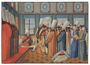 A apresentação do Conde de Vergennes, embaixador de Luís XV, a Reis Effendi, grão-vizir do sultão otomano "Uthman III, em 31 de maio de 1755
