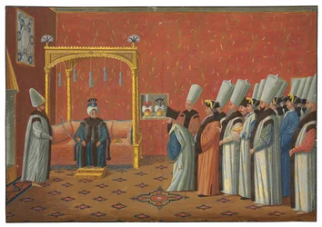 A apresentação do Conde de Vergennes, embaixador de Luís XV, ao sultão "Uthman III na Sala do Trono do Palácio Topkapi em 3 de junho de 1755
