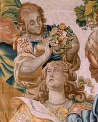 tapeçaria flamenga. Série História de Teseu. Baco toma Ariadne como sua esposa (Baco toma a Ariadna por esposa). Nona tapeçaria da série. Modelo Anthonis Sallaert. Manufatura Jan Raes, o Jovem, Bruxelas. Ca 1630. ; Tecido Seda e lã. Tamanho 392 x 45