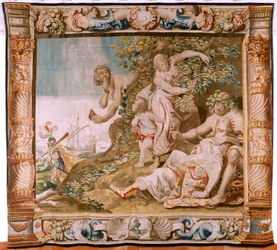 tapeçaria flamenga. Série História de Teseu. Teseu abandona Ariadne na ilha de Naxos (Teseo abandona a Ariadna en la Isla de Naxos). Oitava tapeçaria da série. Modelo Anthonis Sallaert. Manufatura Jan Raes, o Jovem, Bruxelas. Ca 1630. Tecido S