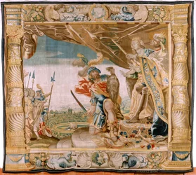 tapeçaria flamenga. Série História de Teseu. Teseu apresenta a cabeça do Minotauro ao Rei e à Rainha de Creta (Teseo presenta a los Reyes de Creta la cabeza del Minotauro). Sétima tapeçaria da série. Modelo Anthonis Sallaert. Fabricação Jan Raes