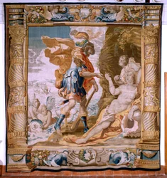 Tapeçaria flamenga. História da série Theseus. Theseus recebe o anel de Amphitrite (Teseo recibe de Anfítrite la sortija de Minos). Quinta tapeçaria da série. Modelo Anthonis Sallaert. Manufactura Jan Raes the Younger, Bruxelas. Ca 1630. Seda de tecido