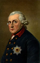 História. Alemanha. Frederico II, o Grande. Ilustração inspirada a partir de um retrato de Anton Graff (1780), Alemanha, c.1900 (cartão postal)