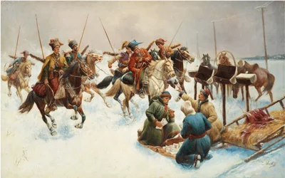 Paisagem de Inverno com Cossacos (entrega por correio) - Pintura de Adolf Baumgartner Stoiloff (Baumgartner-Stoiloff) (1850-1924), óleo sobre tela, 82x130 cm - Colecção privada