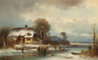 Paisagem de inverno com patinadores no gelo