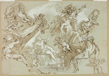 Apoteose de Hércules (anverso); esboços de cabeça de cavalo, quartos dianteiros de cavalo e retábulo ou cibório (verso)
