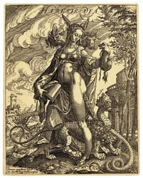 A divindade de Heresia, uma figura alegórica representada sob a forma de uma mulher com orelhas de burro, segurando um livro com páginas rasgadas e uma criatura monstruosa entre as pernas. Gravura satírica contra-reformista de Anton Eisenhout (1554-1603) F