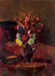 Bouquet de flores com toalha de mesa vermelha