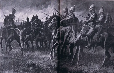 O incêndio na mina em Libin, de The Illustrated History of the World War 1914-1915 pub. por Union Berlagsefellfchaft