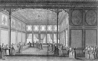 Interior de uma sala de visitas no Palácio Topkapi da Sultana Hadidge, irmã de Selim III
