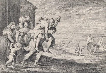 Enéias fugindo de Tróia, com um grupo de seis figuras deixando a cidade à esquerda, Enéias carregando..., 1728.