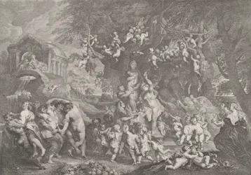 A Festa de Vênus, com grupos de sátiros, ninfas e putti dançando ao redor de uma estátua de Ve..., 1732.