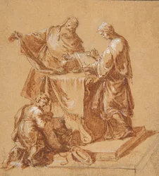 Um sumo sacerdote, a profetisa Anna e um menino ajoelhado ao redor de uma mesa, 1745.