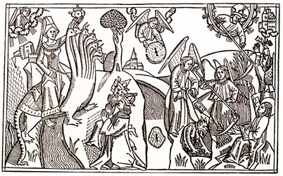 A grande meretriz da Babilónia montando a besta de sete cabeças e os anjos cortando o trigo enquanto mantém prisioneiro o diabo