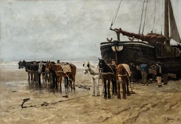 Holandês: Bomschuit com cavalos de reboque na praia de Scheveningen Barco de pesca com cavalos de reboque na praia de Scheveningen