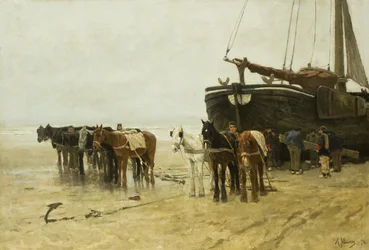 Holandês: Bomschuit com cavalos de reboque na praia de Scheveningen Barco de pesca com cavalos de reboque na praia de Scheveningen