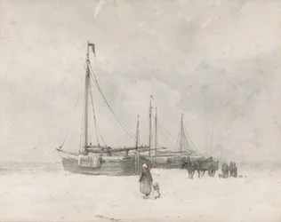 Barcos de pesca na praia no inverno, meados do século XIX.