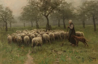 Pastora com um rebanho de ovelhas. Por volta de 1870-88