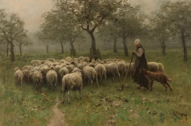 Pastora com um rebanho de ovelhas