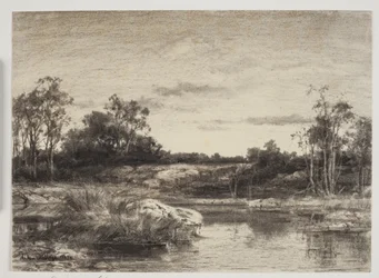 Paisagem com um rio ou lago em primeiro plano