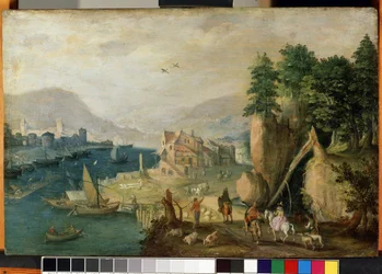 "Uma cidade nas montanhas" paisagem da Flandres. Pintura de Antonie (Anton) Mirou (1586-c. 1661) Museu de Belas Artes Mikalojus Konstantinas Ciurlionis do século XVII, Kaunas, Lituânia