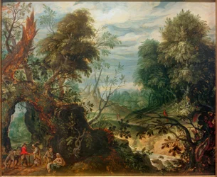 Paisagem da floresta com comerciantes