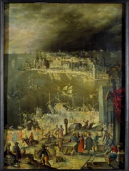 Vista de um porto marítimo Representação de actividades comerciais, descarga de mercadorias, transacções nas docas do porto. Pintura atribuída a Anton Mozart (1573-1625), Sun. 0,3x0,22 m paris, musee du Louvre