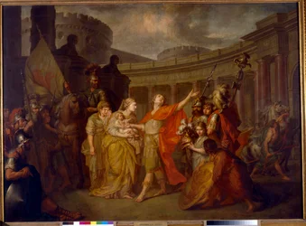 As despedidas de Heitor e Andrômaca: partida para a guerra de Tróia Heitor, deixa sua esposa e filho Astyanax (Adeus de Heitor a Andrômaca) - Óleo sobre tela de Anton Pavlovich Losenko (1737-1773)
