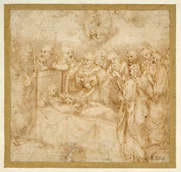 The Dormition of the Virgin (caneta e tinta marrom com lavagem marrom sobre papel branco)