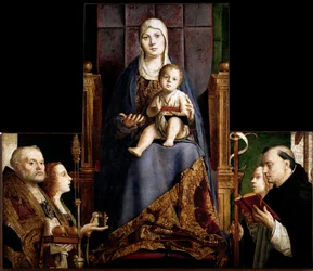 Retábulo de San Cassiano: «Virgem e Menino rodeados pelos santos Nicolau de Mira ou de Bari (270-345), Maria Madalena, Santa Úrsula e Santa Domínica». Pintura sobre madeira de Antonello da Messina (c. 1430-1479), 1475-1476, Kunsthistorisches Museum de