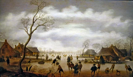 Uma Cena de Inverno com Skaters (óleo sobre painel)