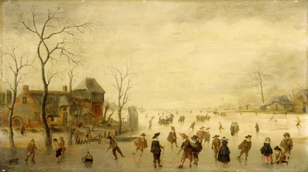 Paisagem de Inverno com Skaters, Jogadores de Golfe e Camponeses em Hidrovias Congeladas (óleo no painel)