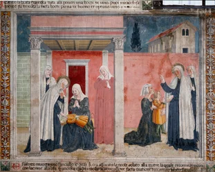 Vida de Santa Françoise Romaine (santa Francesca romana) (1384-1440): "a santa ergue uma criança não batizada cuja mãe foi acidentalmente sufocada durante o sono" Fresco de Antoniazzo Romano (século XV) 1468 Roma, convento da comunidade de Oblatos d