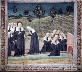 Vida de Santa Francisca Romana : Ao regressar da Basílica de São Paulo, a santa foi apanhada em êxtase, num riacho mas ergueu-se perfeitamente seca (Fresco