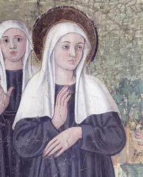 Vida de Santa Francisca Romana : Ao regressar da Basílica de São Paulo, a santa foi apanhada em êxtase, num riacho, mas levantou-se perfeitamente seca, ao pormenor (Fresco