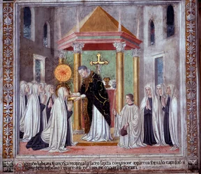 Vida de Santa Francisca Romana :Quando a santa recebia a Comunhão, uma esfera brilhante aparecia por cima dela (Fresco