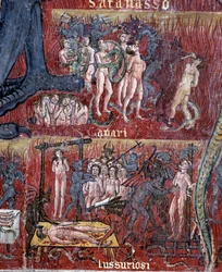 O diabo no inferno, detalhe do círculo de luxúria e avareza (Fresco
