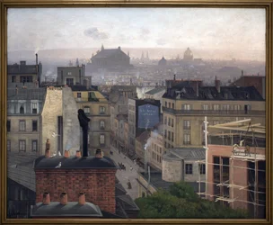 Paris vista de Montmartre. Na parede de um dos edifícios, um anúncio do "The Little Newspaper". Pintura de Antonin Chitussi (Chittussi) (1847-1891), óleo sobre tela