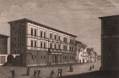 Vista do Palácio Episcopal em Pistoia, Toscana, Itália, gravura em cobre de Antonio Morghen (1788-1853), cerca de 13x9,5 cm