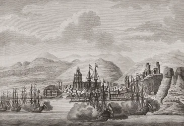 Frota holandesa ao largo de Málaga, Espanha, 1784, a disparar uma salva de tiros. (imprimir)