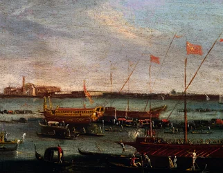 O Bucentauro (cozinha estatal dos doges de Veneza) no Lido de Veneza, óleo sobre tela, Escola de Canaletto, Itália