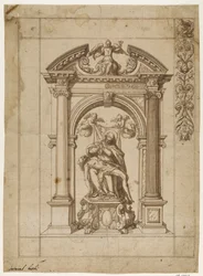 Projeto para uma bandeira processional com uma Pietà sob uma elaborada arquitetura de altar na forma de um arco triunfal e parte do desenho da borda no canto superior direito