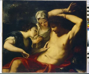 São Sebastião (mártir no início do século IV), Santa Irene (de Roma, martirizada em 304) e Santa Lúcia (de Siracusa, martirizada em 303 ou 310) (Os Santos Sebastião, Irene e Lúcia) - Pintura de Antonio Balestra (1666-1740), óleo sobre tela - Arte Italiana 